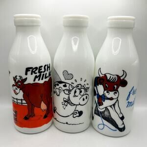VNTG Egizia Glass Milk Bottle Dairy Cow Vibrant Painted Set of 3 Different Arts